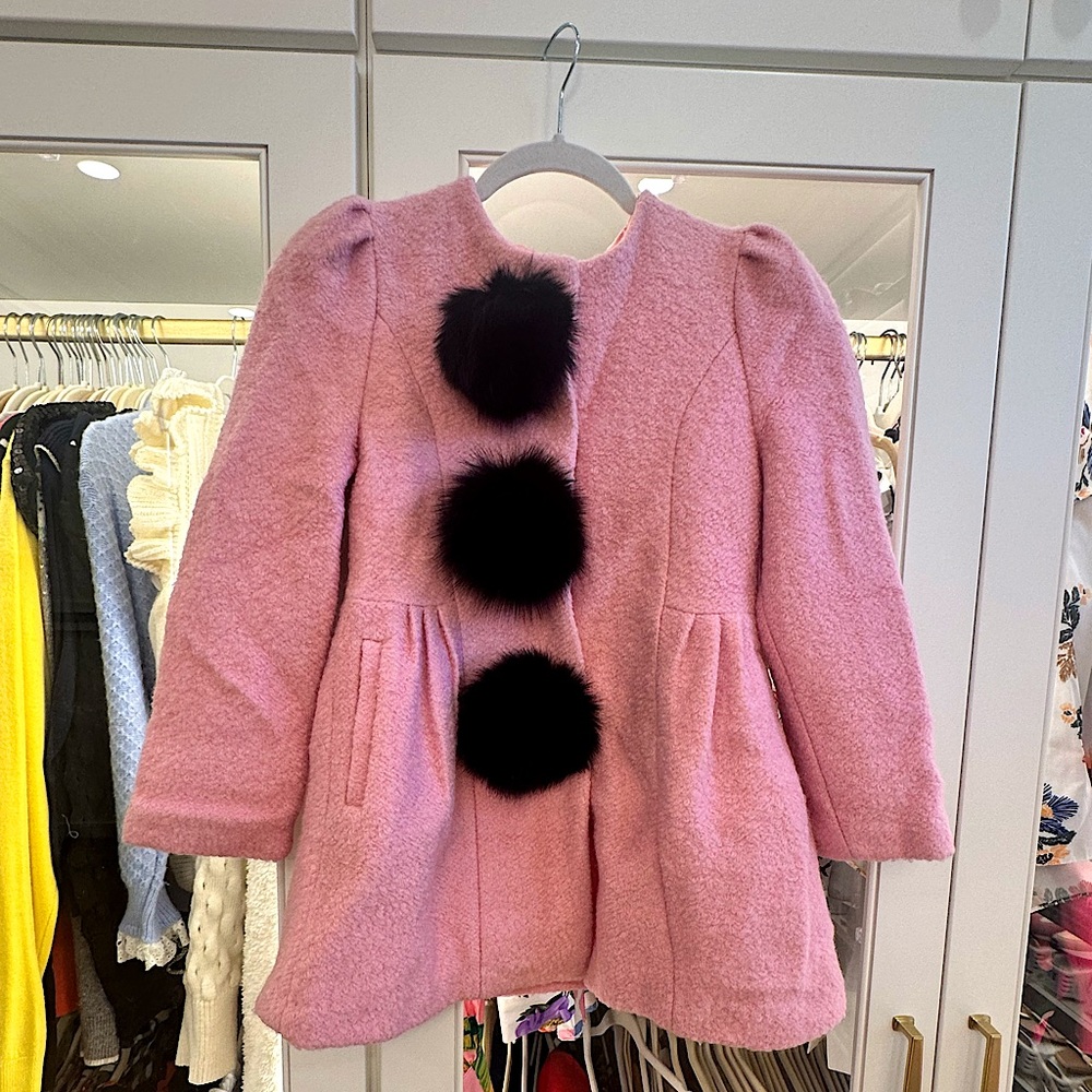 Lola and the boys Sz 12 formal winter pink girls coat with fur pom-pom snaps